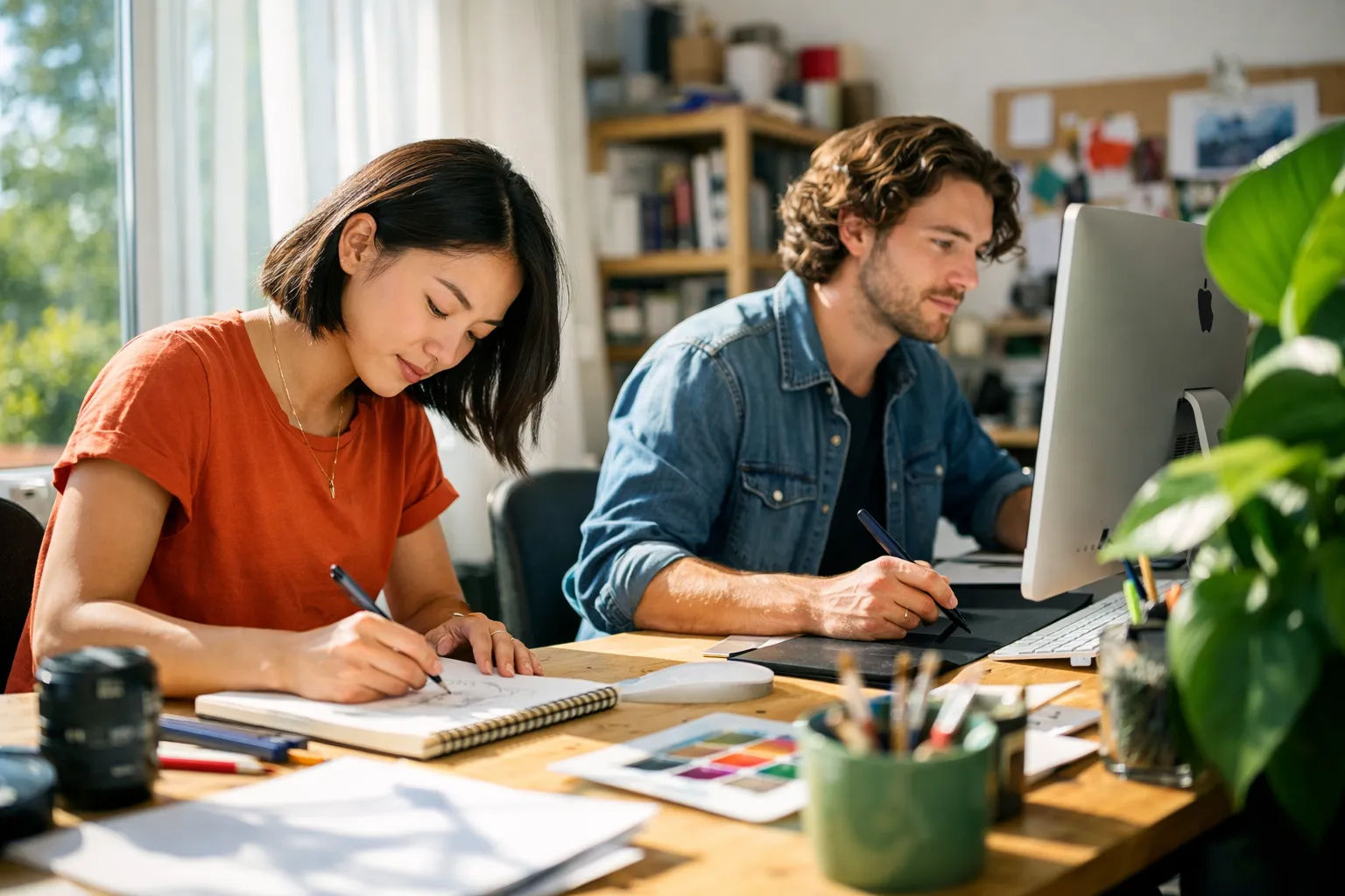 Two people working side by side at a shared studio desk