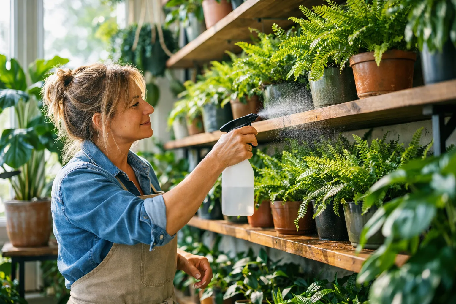 A shop owner misting potted ferns on wooden shelves in a bright plant shop
