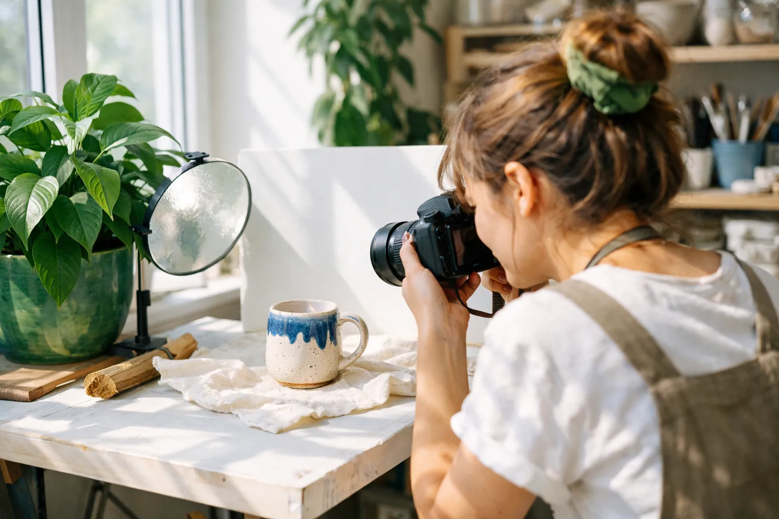 A maker photographing a ceramic mug on a small tabletop setup