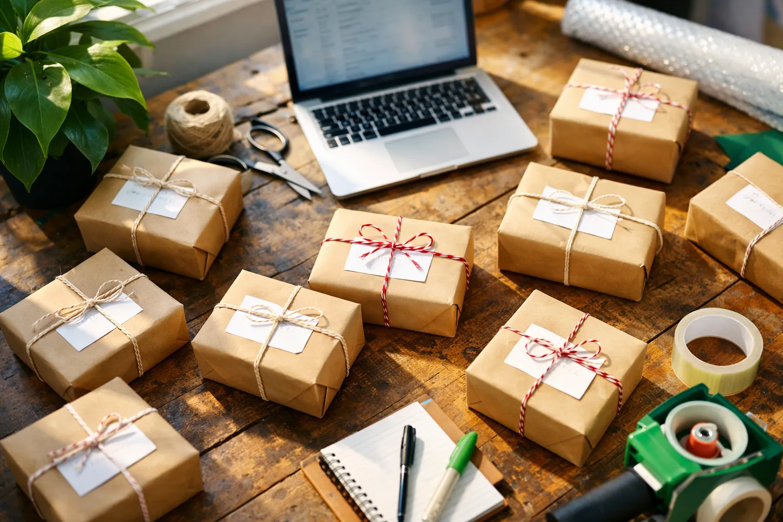 Overhead view of labelled parcels and a laptop on a workbench