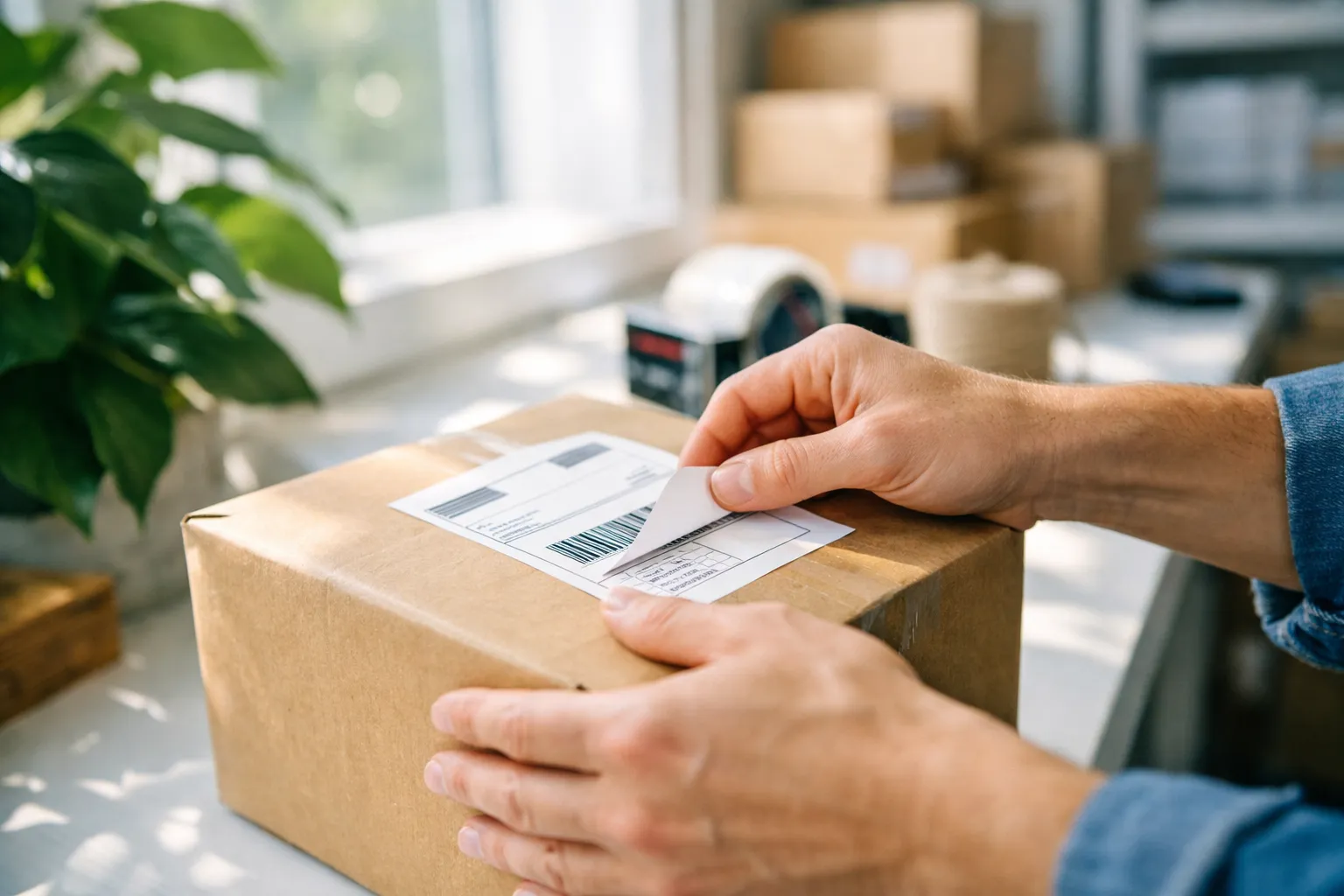 Hands sticking a printed shipping label onto a kraft parcel