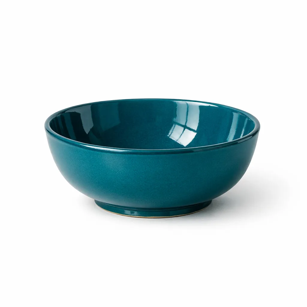 A deep teal glazed stoneware serving bowl