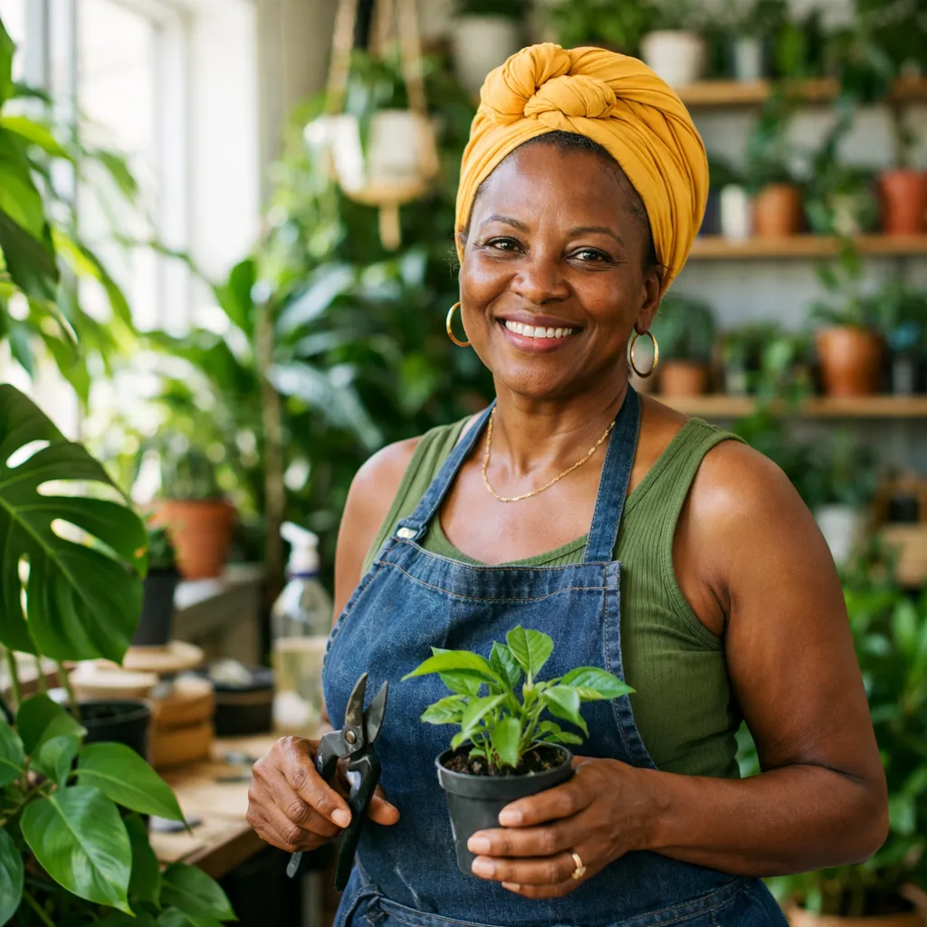 Portrait of Marguerite Adeyemi in her plant shop