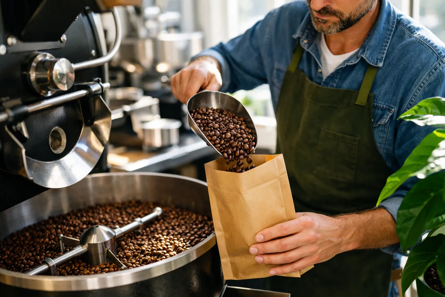 A roaster scooping freshly roasted beans into a kraft bag beside a drum roaster