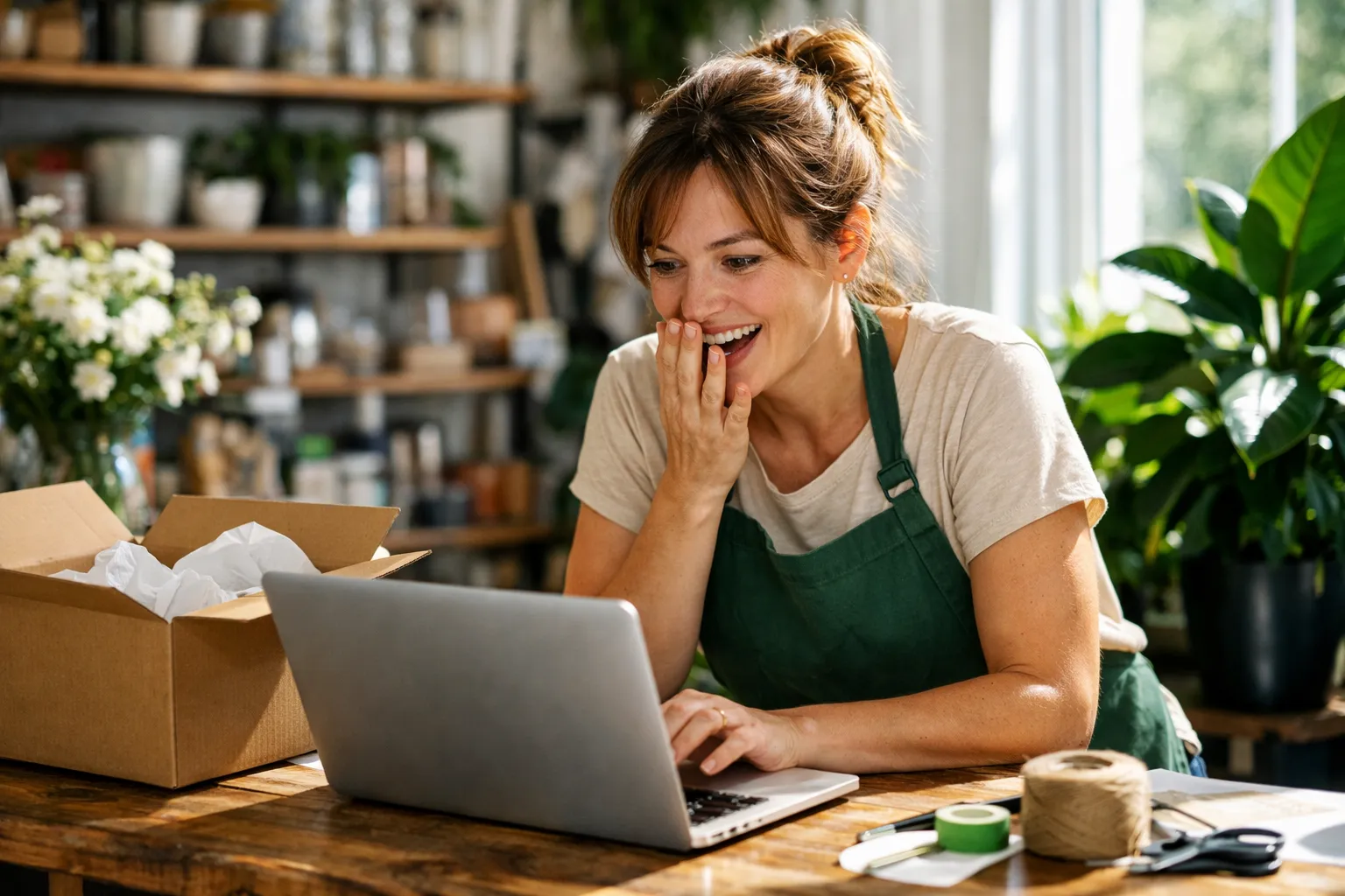 A shop owner looking at a laptop as the first order arrives
