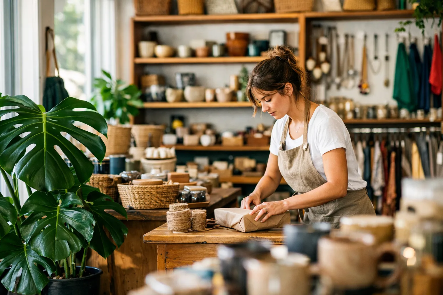 A tidy independent shop interior with shelves of handmade goods
