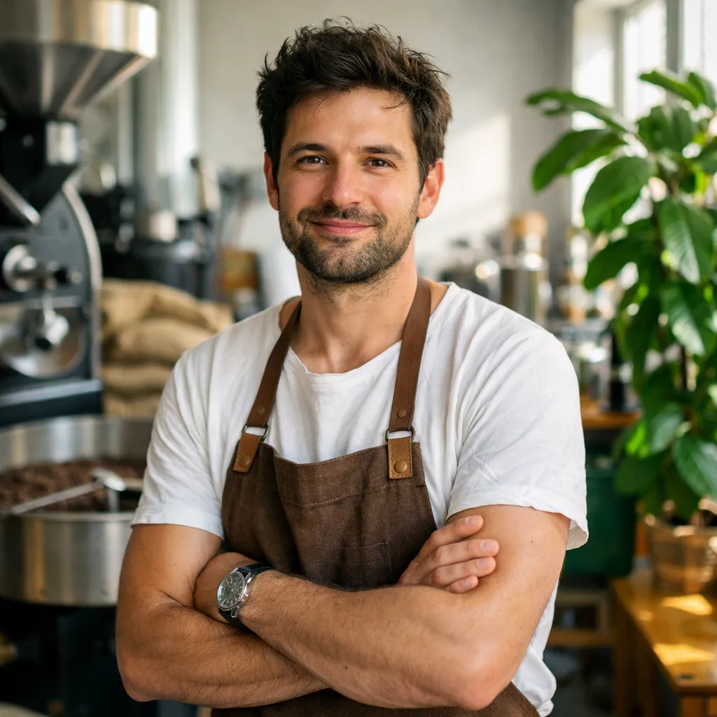 Portrait of Tomas Réti in his coffee roastery