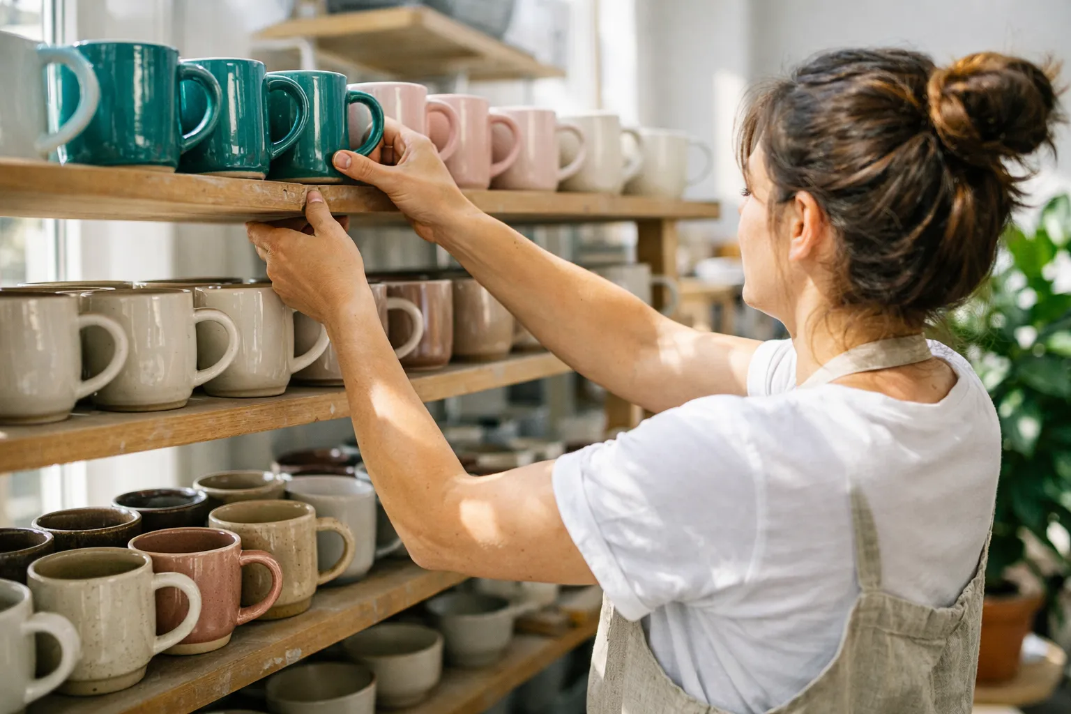 A maker in a linen apron arranging freshly glazed ceramic mugs on a studio shelf